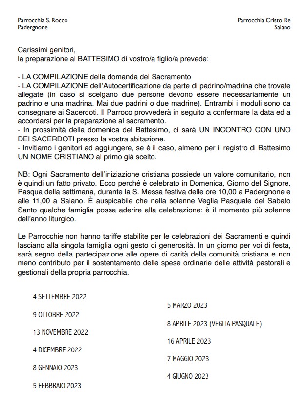 2022 2023 richiesta battesimo