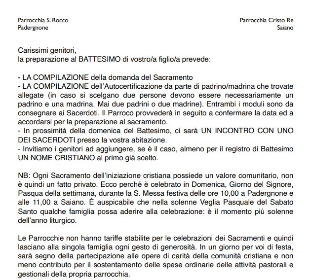 2022 2023 richiesta battesimo